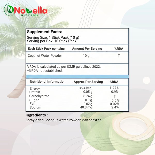NOVELLA Nutrition Tender Coconut Water Powder – Pack of 10 Sachets with Natural Electrolytes for Instant Energy, Easy Digestion, Daily Hydration & Healthy Skin
